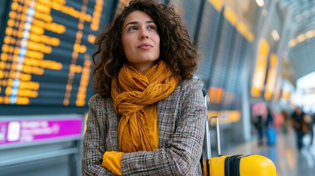 woman at an international airport check flight information board, checking travel time on board at airport, travel, payment, due, booking, online, check in