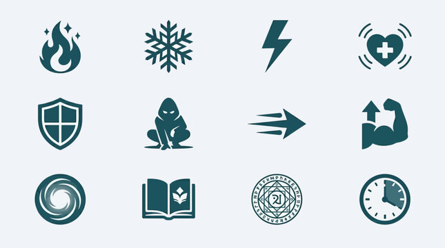 Flat minimal vector icon set of 12 magic and skill icons: fire spell, ice spell, lightning bolt, healing aura, shield spell, stealth icon, speed boost, strength buff, mana orb, skill book