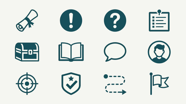 Premium flat minimal vector icon set of 12 quest and story elements: quest scroll, exclamation marker, question marker, mission board, quest reward chest, story book, dialogue bubble shape