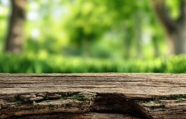 Fototapeta premium A weathered wooden surface rests against a blurred, lush green natural backdrop.