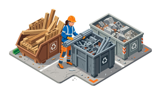 Isometric Illustration of Female Construction Worker Sorting Waste into Recycling Bins