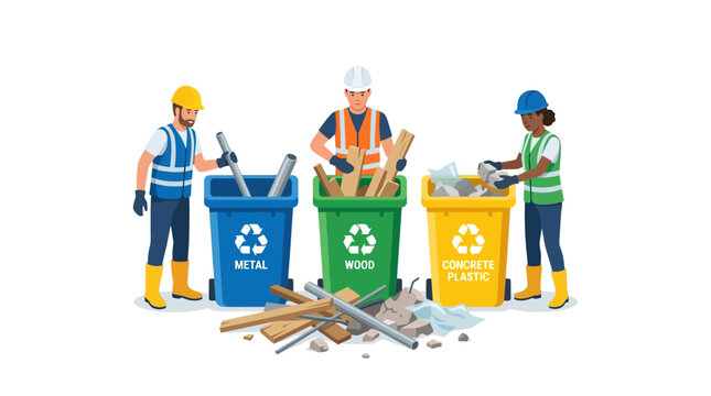 Construction Waste Management Illustration: Workers Sorting Metal, Wood, and Plastic Recycling into Bins