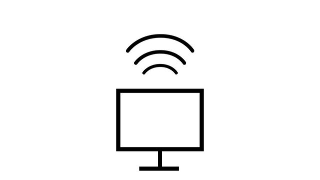 Animated smart TV icon receiving a Wi-Fi signal. Black line art on a white background, representing wireless digital broadcast and connection.
