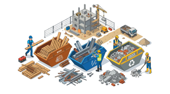 Isometric Construction Site Waste Management and Material Recycling