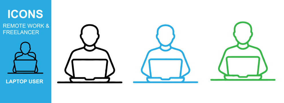 Remote Work and Freelancing Laptop User Line Icon Set.