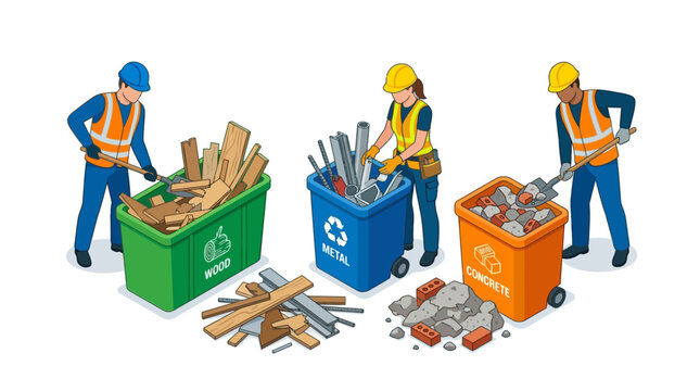 Construction Workers Sorting Site Waste into Labeled Recycling Bins for Wood Metal and Concrete
