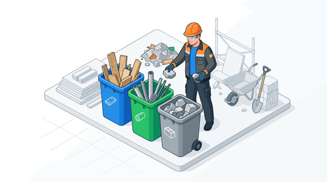 Isometric Construction Worker Sorting Building Waste into Recycling Bins