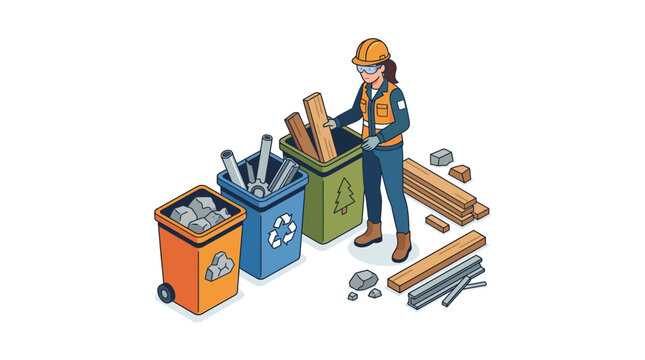 Isometric Construction Worker Sorting Wood, Metal, and Rubble into Recycling Bins