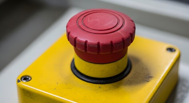 Close up of a red emergency stop button on a yellow industrial control panel.