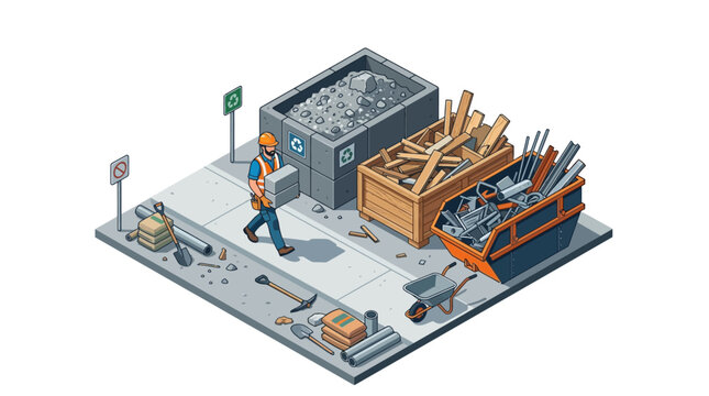 Isometric Construction Waste Management Illustration: Worker Sorting Metal, Wood, and Concrete Scrap for Recycling