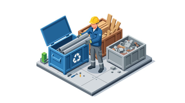 Isometric Construction Worker Sorting Industrial Waste into Recycling Bins