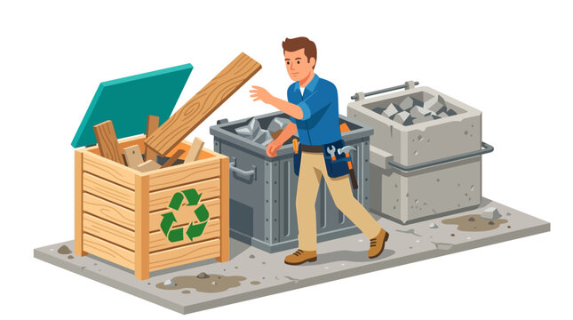 Handyman sorting wood and debris into separate recycling bins.