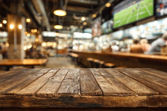 A warmly lit, bustling sports bar features a wooden tabletop in the foreground, showcasing a blurred background of patrons and large screens displaying athletic events.