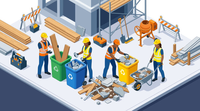 Isometric construction waste recycling and sorting site with workers