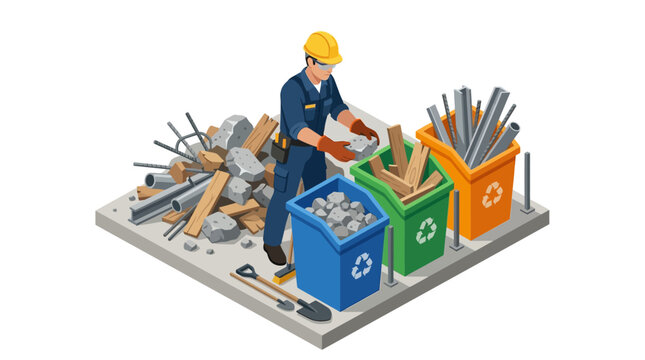 Isometric Illustration of Construction Worker Sorting Waste into Recycling Bins