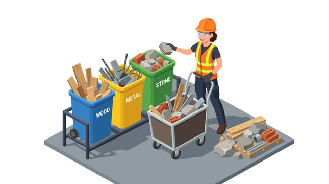 Isometric Illustration of Female Worker Sorting Construction Waste into Recycling Bins