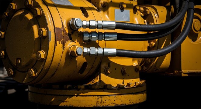 Close up of heavy machinery hydraulic system with yellow casing and black hoses.