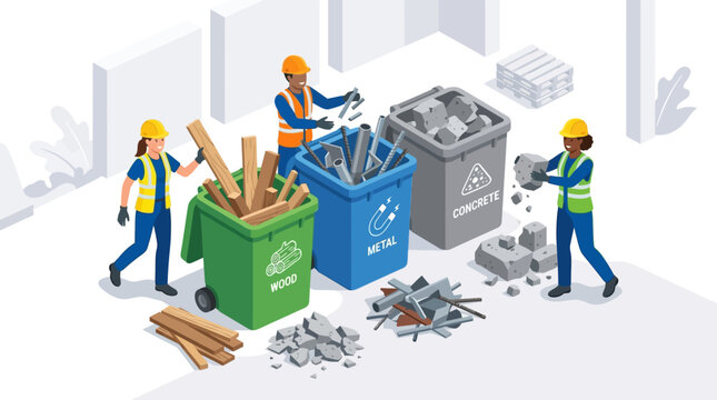 Isometric workers sorting construction waste into recycling bins for wood, metal, and concrete.