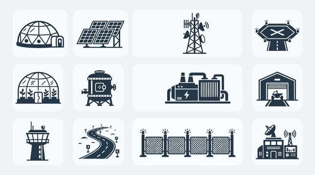 Premium flat minimal vector icon set of 12 space base and colony elements: space habitat dome, solar panel array, antenna tower, landing zone, space greenhouse, storage module, power generator, r