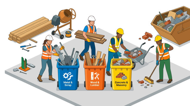 Construction site recycling illustration showing workers sorting metal, wood, and concrete waste into specialized bins for sustainable debris management.