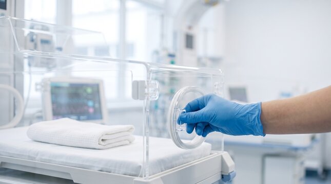 Gloved clinician adjusting the access port of a neonatal incubator in a NICU, clean hospital newborn care and premature baby support concept.