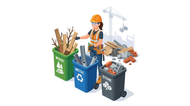 Construction Waste Recycling Illustration with Female Worker Sorting Debris