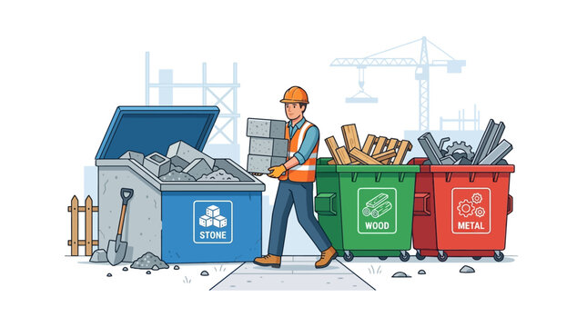 Construction Worker Sorting Recyclable Building Waste into Bins Illustration