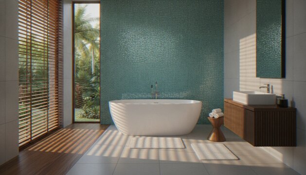 A modern, serene bathroom featuring a freestanding white bathtub against a vibrant turquoise mosaic tile wall, with natural sunlight streaming through wooden blinds.