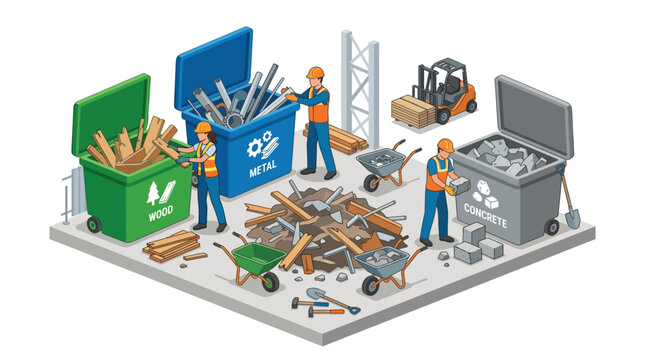 Isometric Construction Waste Recycling and Site Management Illustration