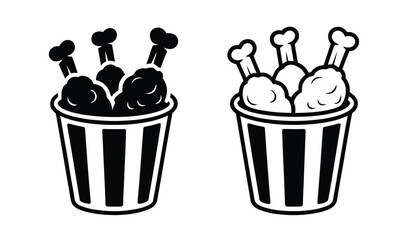 Fried chicken bucket icon set, vector collection featuring black silhouettes, thin line art, and colorful crispy drumstick fast food designs for restaurant branding, menu graphics, takeaway, and deliv © Khoteza