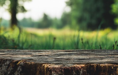 Fototapeta premium A rustic wooden stump sits prominently in a blurred, verdant outdoor setting, creating a natural and serene composition.