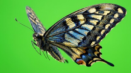 Fototapeta premium Intricate Macro Detail of a Swallowtail Butterflys Blue and Yellow Wings in Flight, Isolated on Green