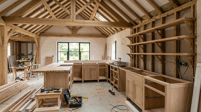 Oak Kitchen Under Construction with Exposed Beams and Wooden Cabinets