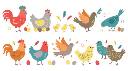 Cartoon farm birds illustration set with roosters hens chicks and colorful easter eggs art. © jubayer71