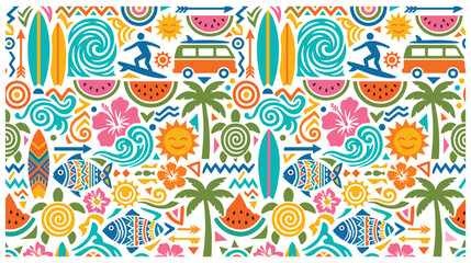 Summer vacation pattern with surfboard turtle van hibiscus flower and tropical sun motifs. © jubayer71