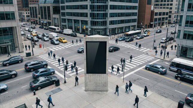 Modern city intersection with digital billboard and busy traffic, cinematic aerial view