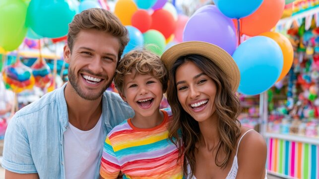 Joyful family enjoying fun at a city fair with colorful balloons and candy stall during summer season