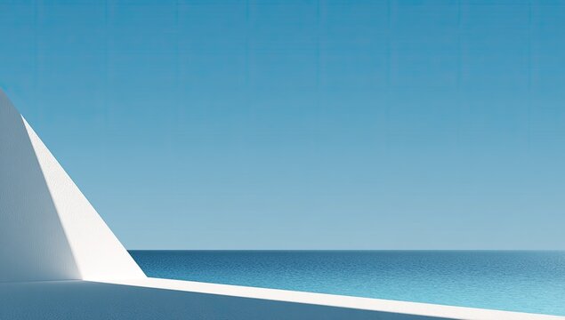 A minimalist composition features a stark white architectural element juxtaposed against a serene blue seascape.