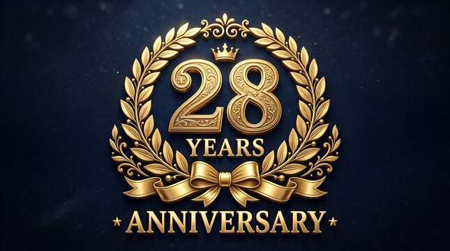 Elegant golden 28 years anniversary emblem with laurel wreath and ornate badge.