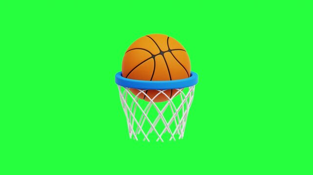 3D Basketball Ring Icon Pop Up Bounce Animation on Green Screen Background for Sports, Competition, and Basketball Game Concept