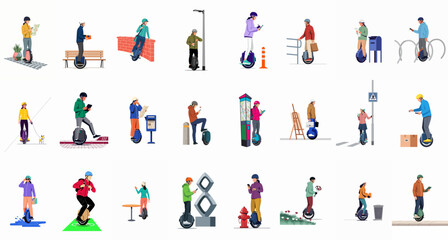 Fototapeta premium Flat vector illustration set of diverse people riding electric unicycles in urban settings for commuting, delivery, and leisure activities in a modern city.