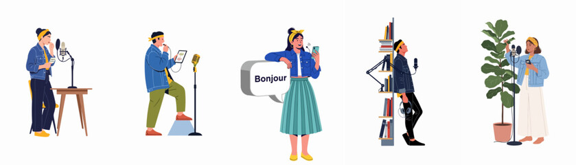 Set of flat vector illustrations featuring young people recording podcasts, voice messages, and audio content in various creative settings. © Papat