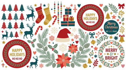 Christmas collection of holiday decoration elements, trees, reindeer, gifts, wreaths. © jubayer71