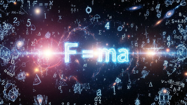 Glowing physics formula: force equals mass times acceleration amidst starry cosmos and equations