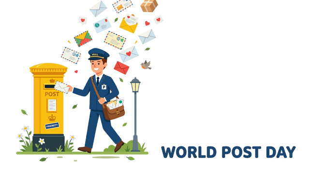 A cartoon postman delivering mail into a traditional yellow pillar box for World Post Day.