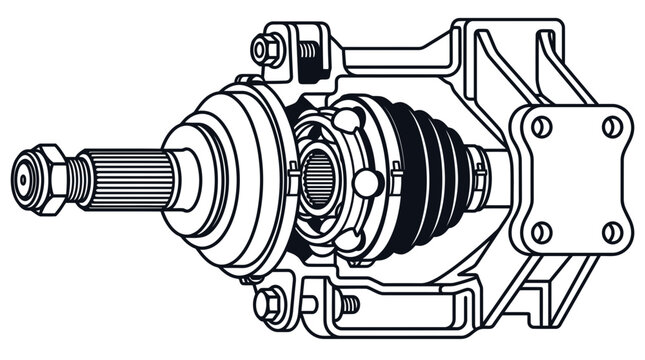 Automotive CV joint and drive axle technical line art illustration.