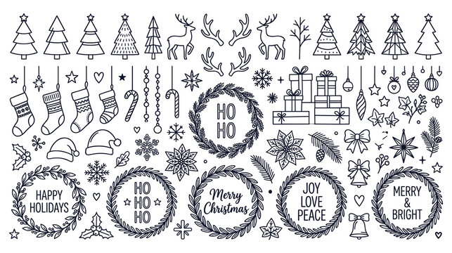 Christmas line icons collection, holiday symbols and decoration elements vector set.
