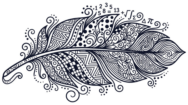 Intricate feather illustration featuring math equations and zentangle pattern elements.