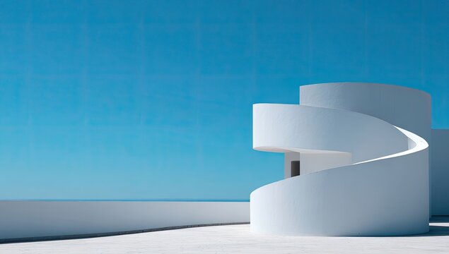 A striking architectural photograph showcases a modern, spiraling white building against a vibrant blue sky.
