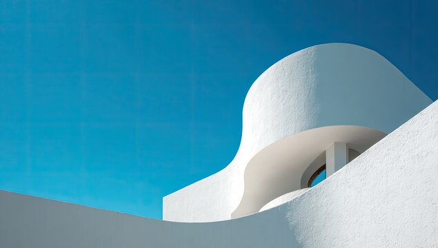 A striking architectural detail showcases smooth, white curves against a vibrant blue sky.
